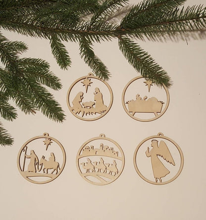 Laser Cut Wooden Nativity Scene Ornament Set: Natural Wood Christmas Decor