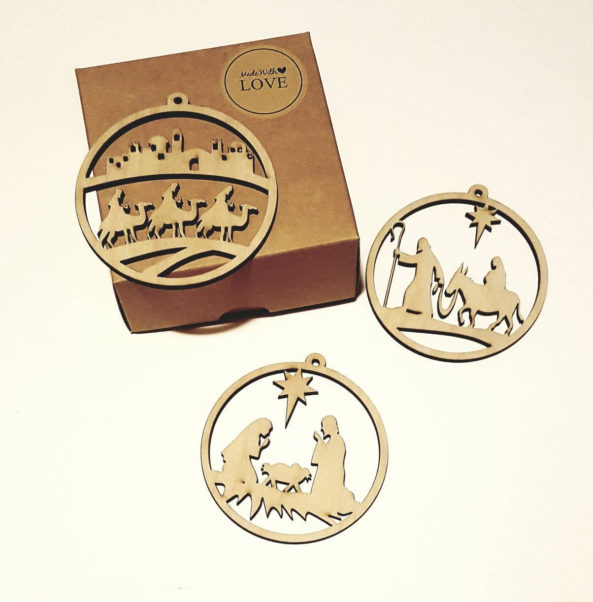 Laser Cut Wooden Nativity Scene Ornament Set: Natural Wood Christmas Decor