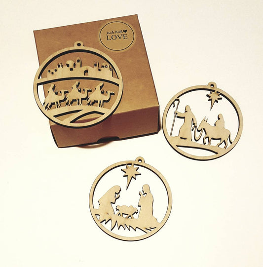 Laser Cut Wooden Nativity Scene Ornament Set: Natural Wood Christmas Decor