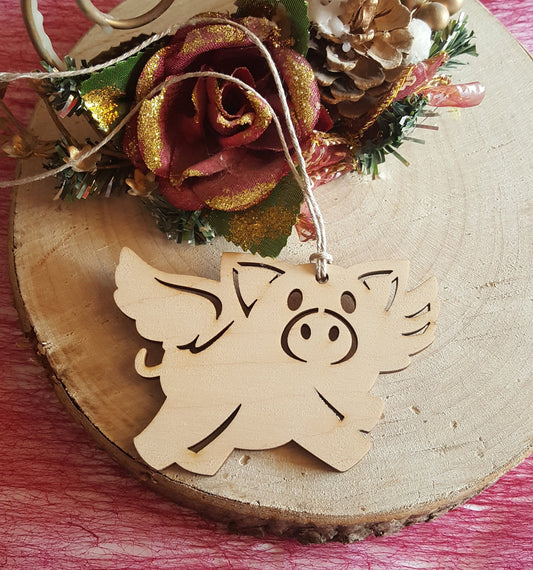 Laser Cut Wooden Flying Pig Ornament: Unfinished Wood Decoration