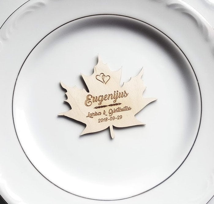 Custom Maple Leaf Wedding Place Cards: Laser Cut Wood Name Tags