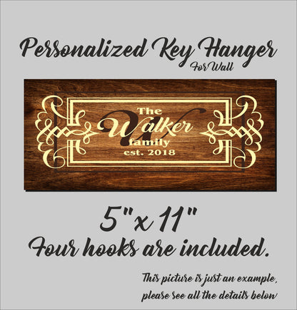 Family Key Holder for Wall, Wooden Key Hanger, Personalized Housewarming Gift, Custom Key Ring Holder, Christmas Present for Couple, Initial