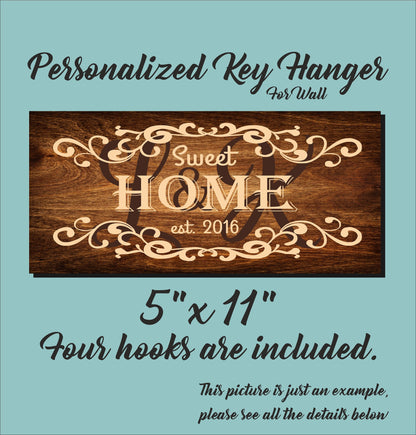 Family Key Holder for Wall, Personalized Key Hanger, Printed Custom Sign, Wooden Housewarming Gift for Couple, Custom Key Ring Holder Hooks