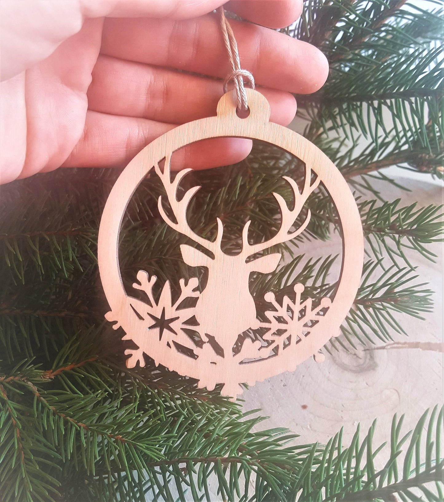Laser Cut Wood Christmas Ornament: Deer & Snowflake Bauble