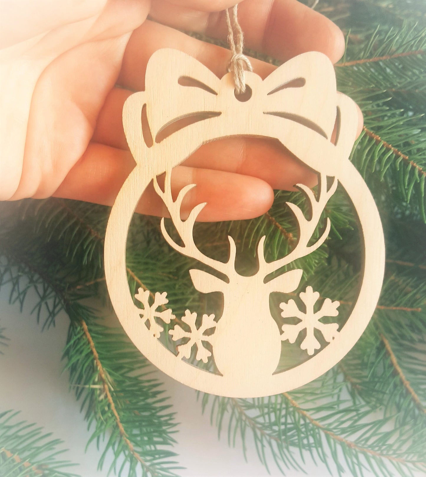 Laser Cut Wood Christmas Ornament: Deer & Snowflake Bauble