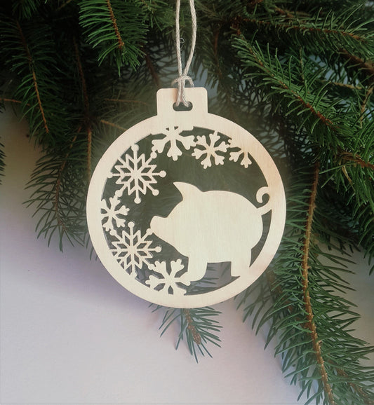 Laser Cut Wood Christmas Ornament: Pig & Snowflakes