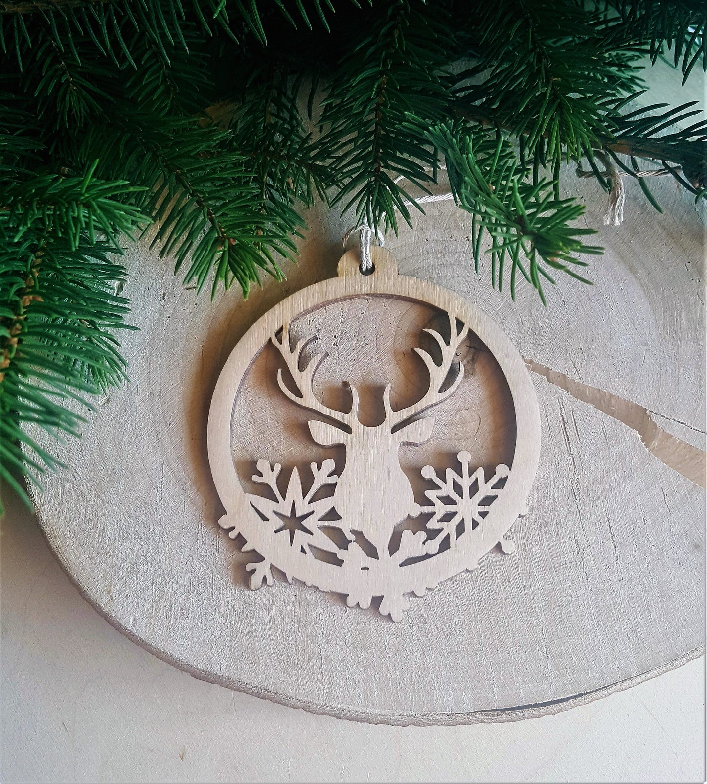 Laser Cut Wood Christmas Ornament: Pig & Snowflakes
