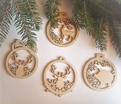 Laser Cut Wood Christmas Ornament: Pig & Snowflakes