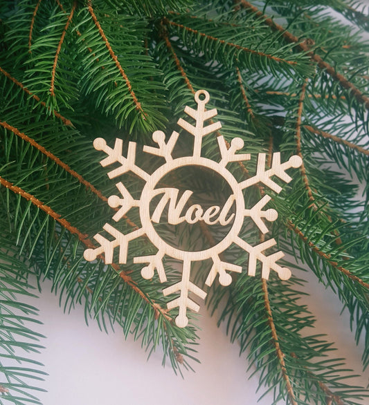 Personalized Wood Snowflake Christmas Ornament: Laser Cut Rustic Decoration