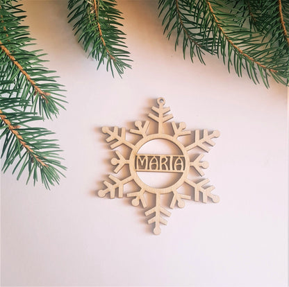 Personalized Wood Snowflake Christmas Ornament: Laser Cut Rustic Decoration