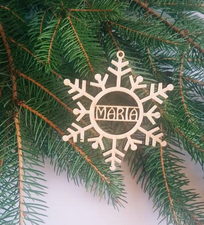 Personalized Wood Snowflake Christmas Ornament: Laser Cut Rustic Decoration