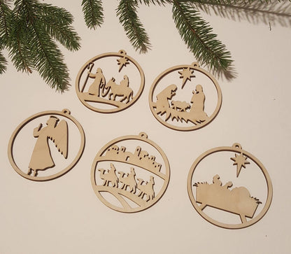 Laser Cut Wooden Nativity Scene Ornament Set: Natural Wood Christmas Decor