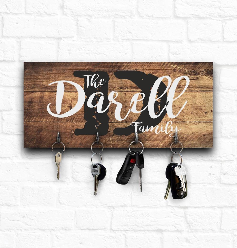 Personalized Family Key Holder, Wooden Key Hanger for Wall, Customized Housewarming Gift for Couple, Printed Custom Initial Monogram Sign