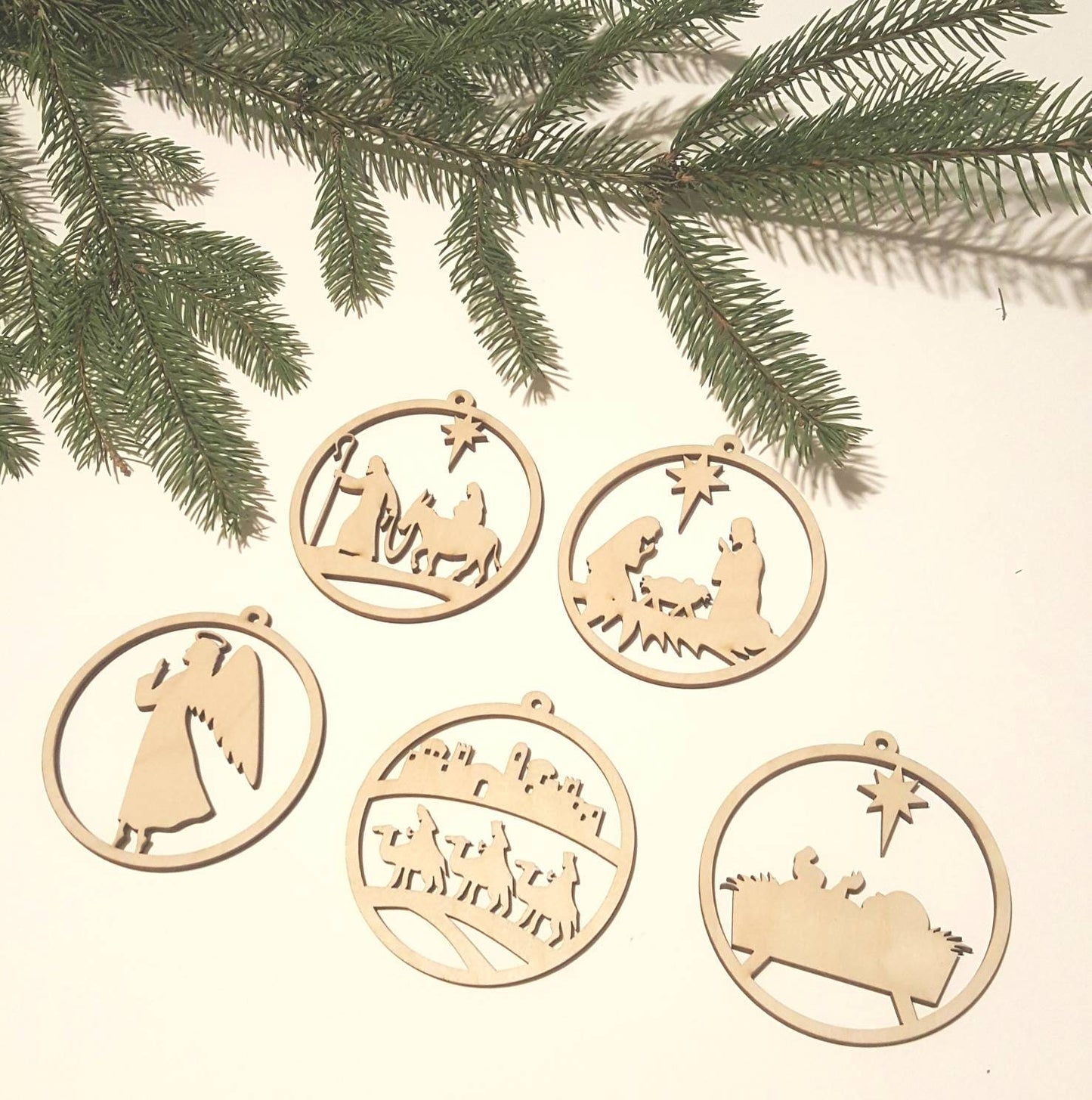 Laser Cut Wooden Nativity Scene Ornament Set: Natural Wood Christmas Decor