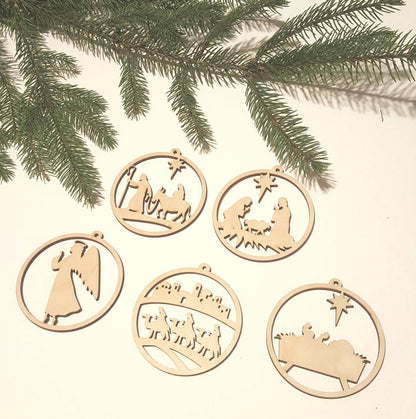 Laser Cut Wooden Nativity Scene Ornament Set: Natural Wood Christmas Decor
