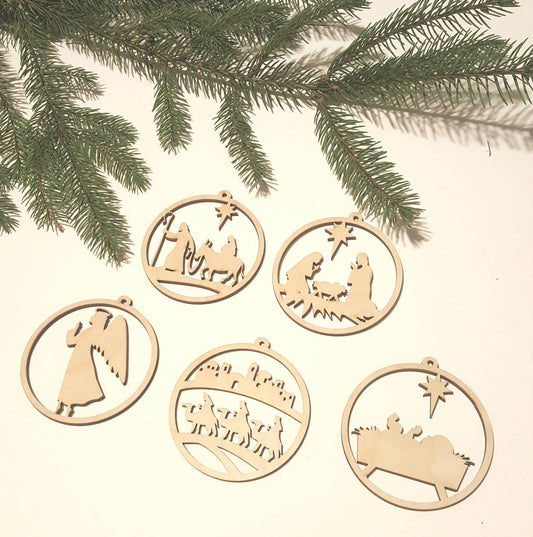 Laser Cut Wooden Nativity Scene Ornament Set: Natural Wood Christmas Decor
