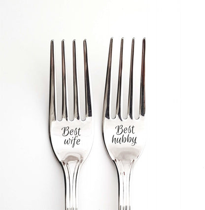 Wife husband Christmas gift for kitchen, first anniversary present for couple, engraved  silver forks, personalized housewarming present