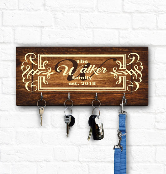Family Key Holder for Wall, Wooden Key Hanger, Personalized Housewarming Gift, Custom Key Ring Holder, Christmas Present for Couple, Initial
