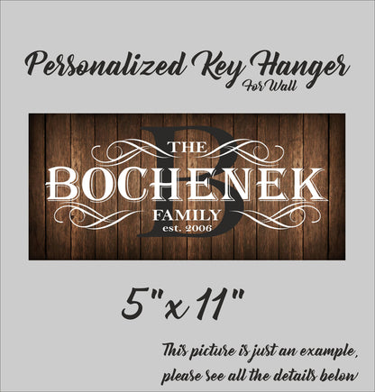 Family Key holder for wall, personalized key rack organizer, custom wooden housewarming gift, decorative key hanger with hooks, wooden sign