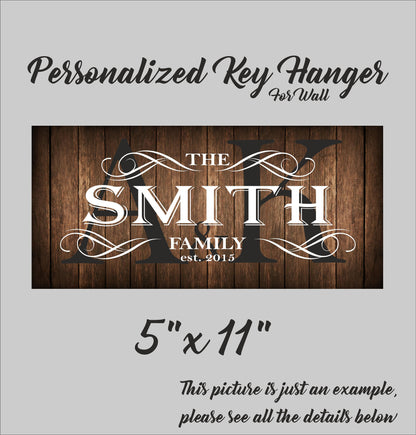 Family Key holder for wall, personalized key rack organizer, custom wooden housewarming gift, decorative key hanger with hooks, wooden sign