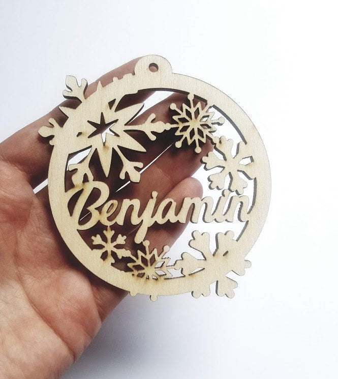 10 Personalized Snowflake Ornaments: Laser Cut Wood Christmas Baubles