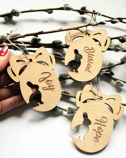 Engraved Wooden Easter Egg Ornaments: Laser Cut Bunny Decor (Set of 3)