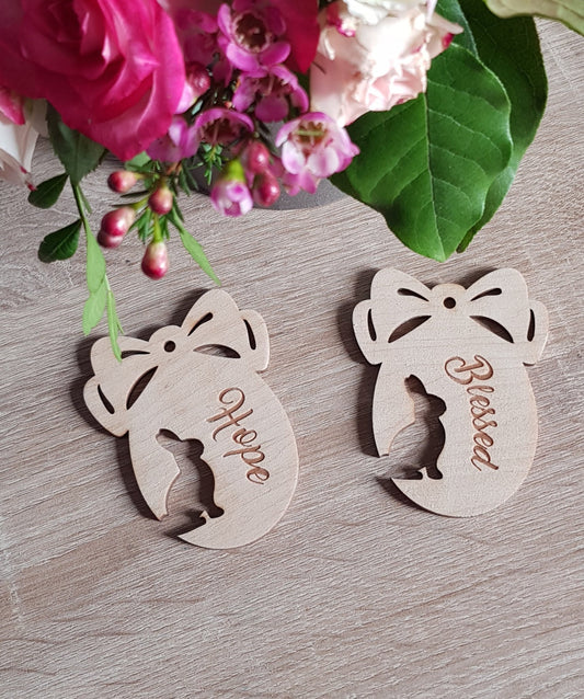Personalized Easter Egg Ornament: Laser Cut Wooden Bunny, Custom Name Tag