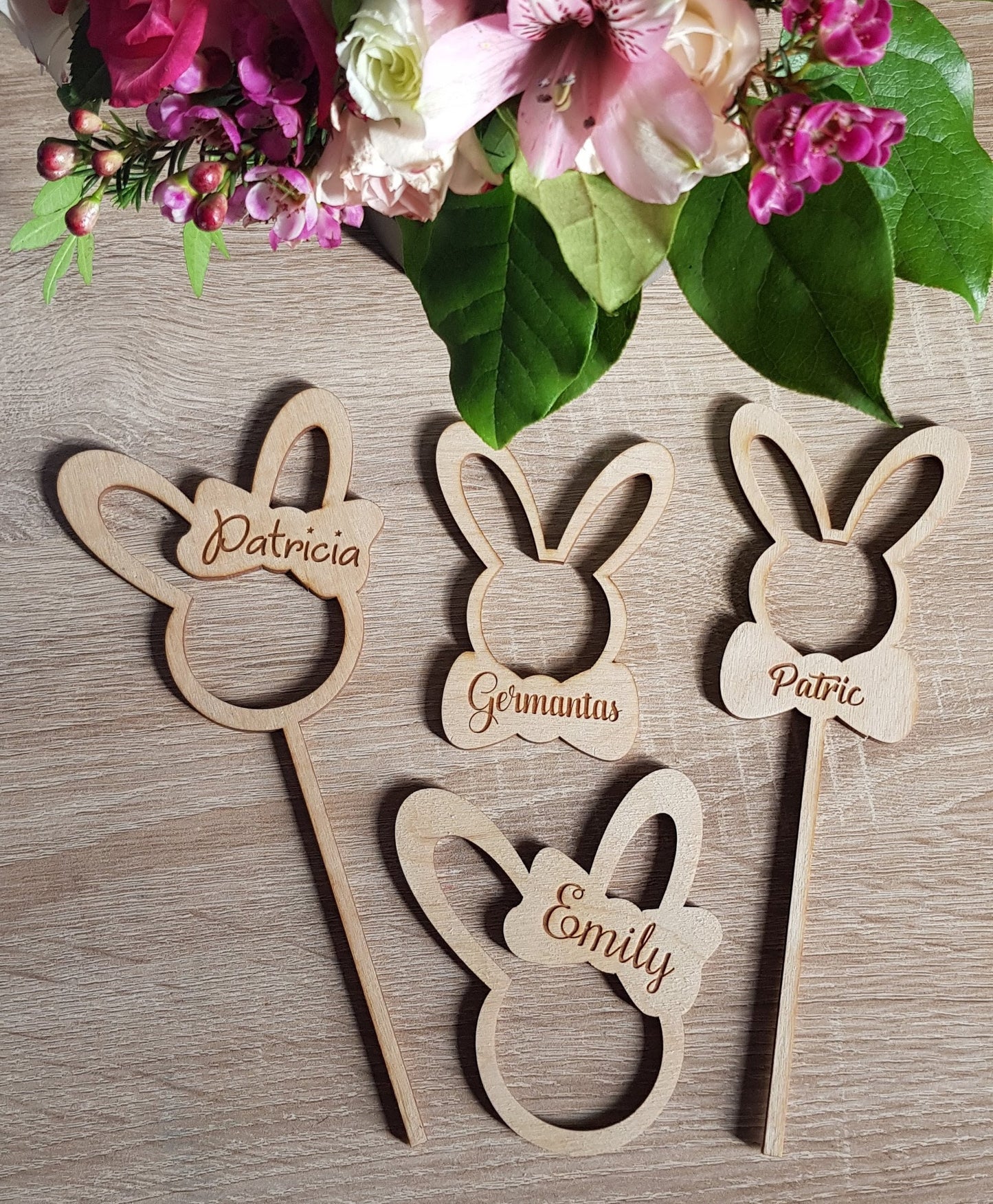 Personalized Easter Bunny Cake Topper: Engraved Wood Ornament