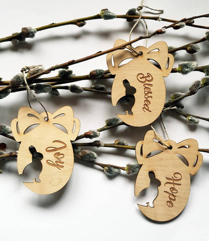 Engraved Wooden Easter Egg Ornaments: Laser Cut Bunny Decor (Set of 3)