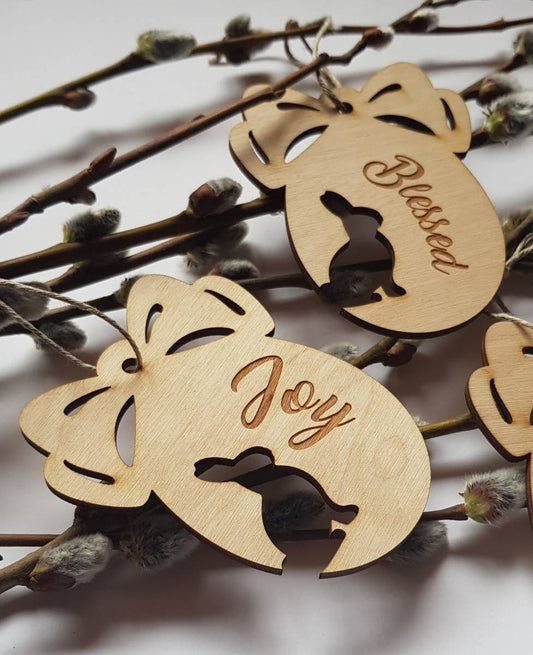 Engraved Wooden Easter Egg Ornaments: Laser Cut Bunny Decor (Set of 3)