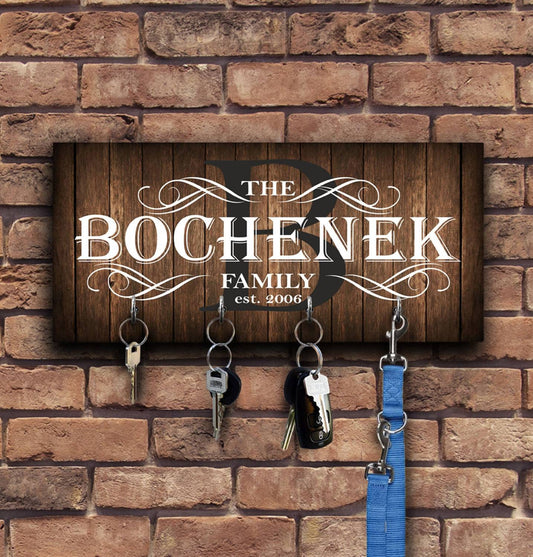 Family Key holder for wall, personalized key rack organizer, custom wooden housewarming gift, decorative key hanger with hooks, wooden sign