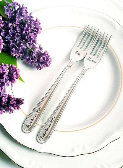 Personalisiertes Hochzeitsessset für Braut und Bräutigam, gravierte Gabeln als Geschenk, individuelles Geschenk zur Brautparty zum Jahrestag, Silberbesteck