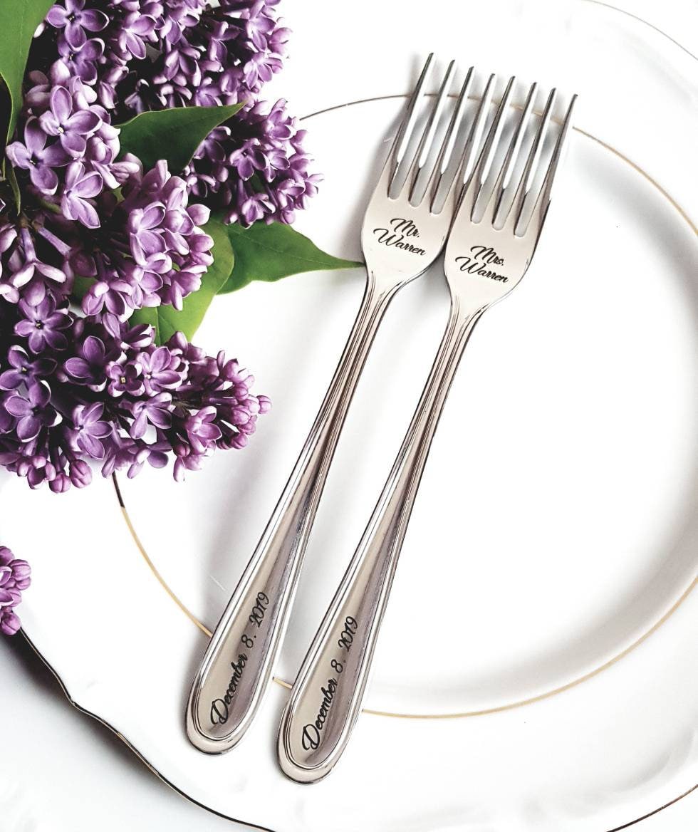 Personalized Wedding Flatware Set: Engraved Stainless Steel Forks and Knives (4pcs)