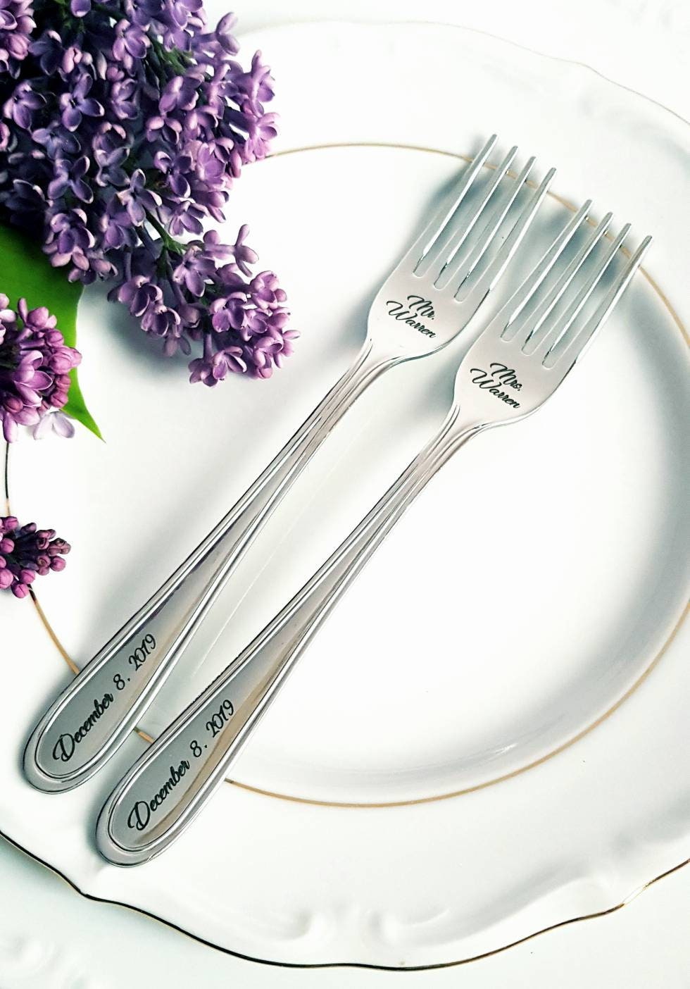 Personalized Wedding Flatware Set: Engraved Stainless Steel Forks and Knives (4pcs)