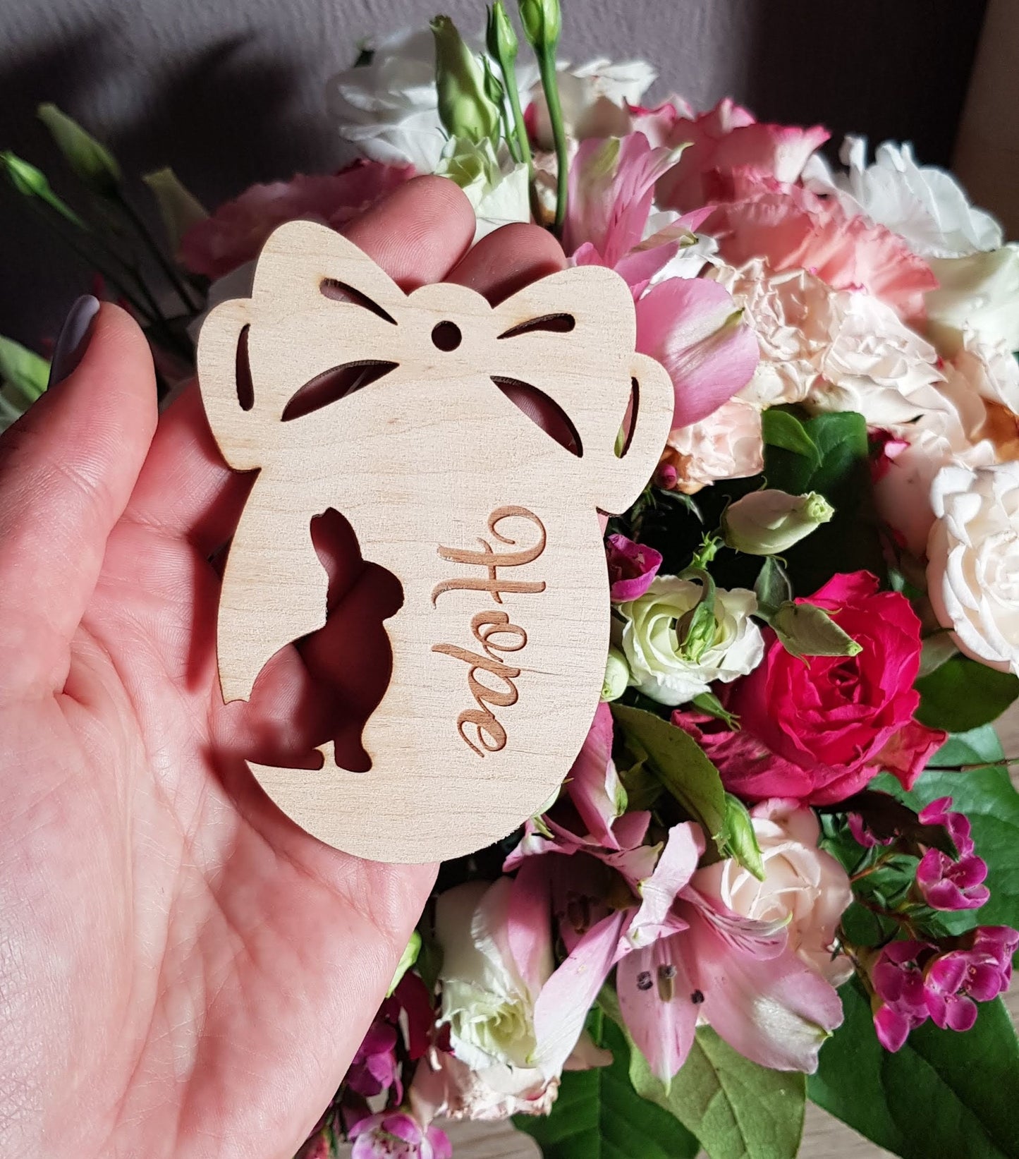 Personalized Easter Egg Ornament: Laser Cut Wooden Bunny, Custom Name Tag