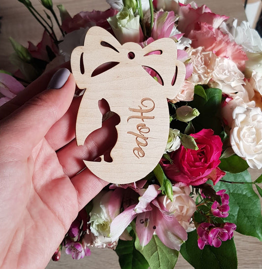 Personalized Easter Egg Ornament: Laser Cut Wooden Bunny, Custom Name Tag