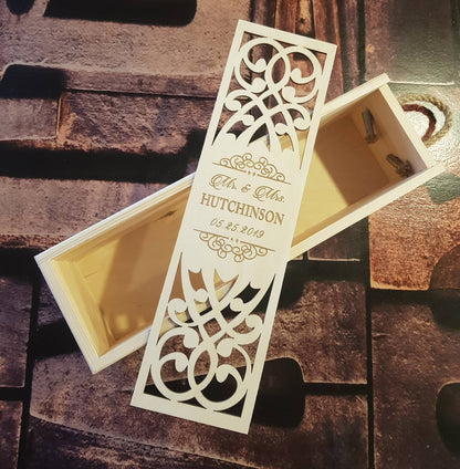 Personalized wedding wine box lantern, Laser cut wooden wine holder with engraved custom names, save the date, anniversary gift for couple