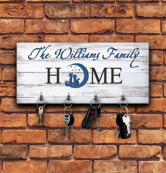 Wedding family sign gift, personalized wooden key hanger, customized anniversary housewarming keepsake for couple, key rack organizer