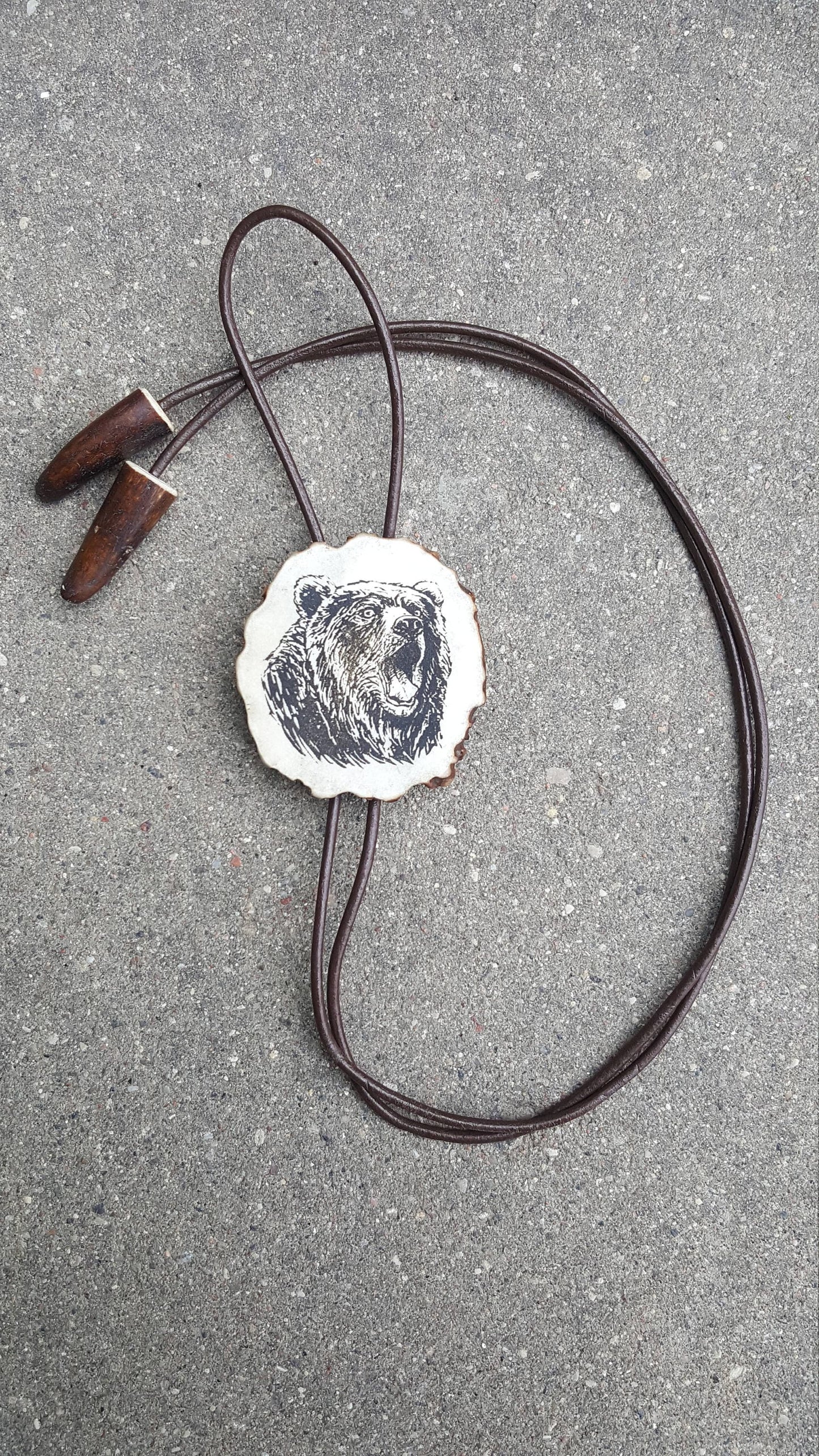 Engraved Grizzly Bear Bolo Tie: Handmade Deer Horn Pendant Necklace US TAXES PAID
