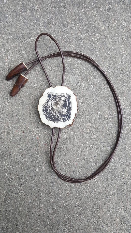 Engraved Grizzly Bear Bolo Tie: Handmade Deer Horn Pendant Necklace US TAXES PAID