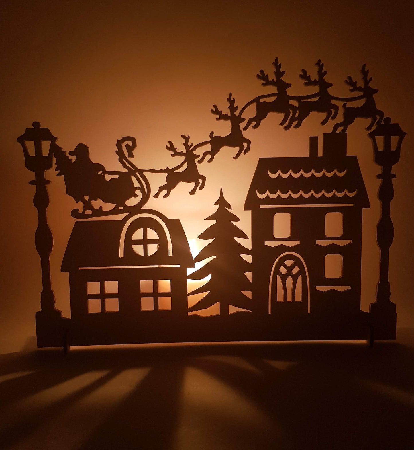 Wooden Christmas Village House Ornament: Santa and Reindeer Scene