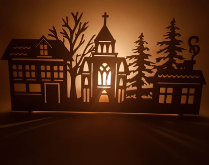 Wooden Christmas Village House Ornament: Santa and Reindeer Scene