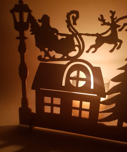 Wooden Christmas Village House Ornament: Santa and Reindeer Scene