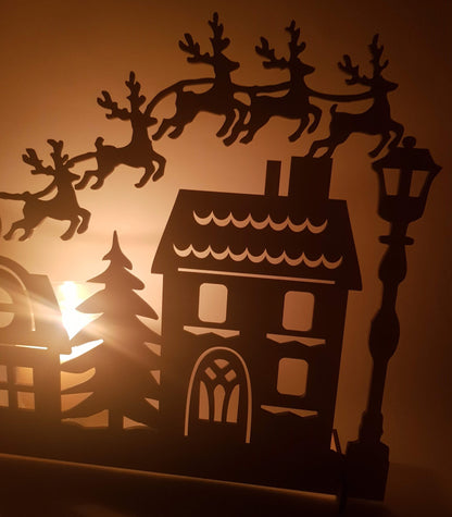 Wooden Christmas Village House Ornament: Santa and Reindeer Scene