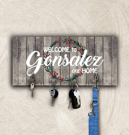 Key holder for wall, personalized family key rack organizer, custom wooden housewarming gift, decorative key hanger with hooks, wooden sign