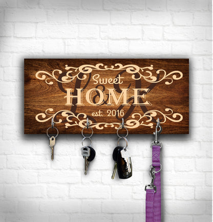 Family Key Holder for Wall, Personalized Key Hanger, Printed Custom Sign, Wooden Housewarming Gift for Couple, Custom Key Ring Holder Hooks