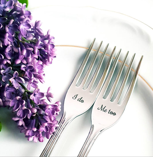 Personalized wedding dining set for bride and groom, engraved forks gift, custom anniversary bridal shower party present, silver flatware