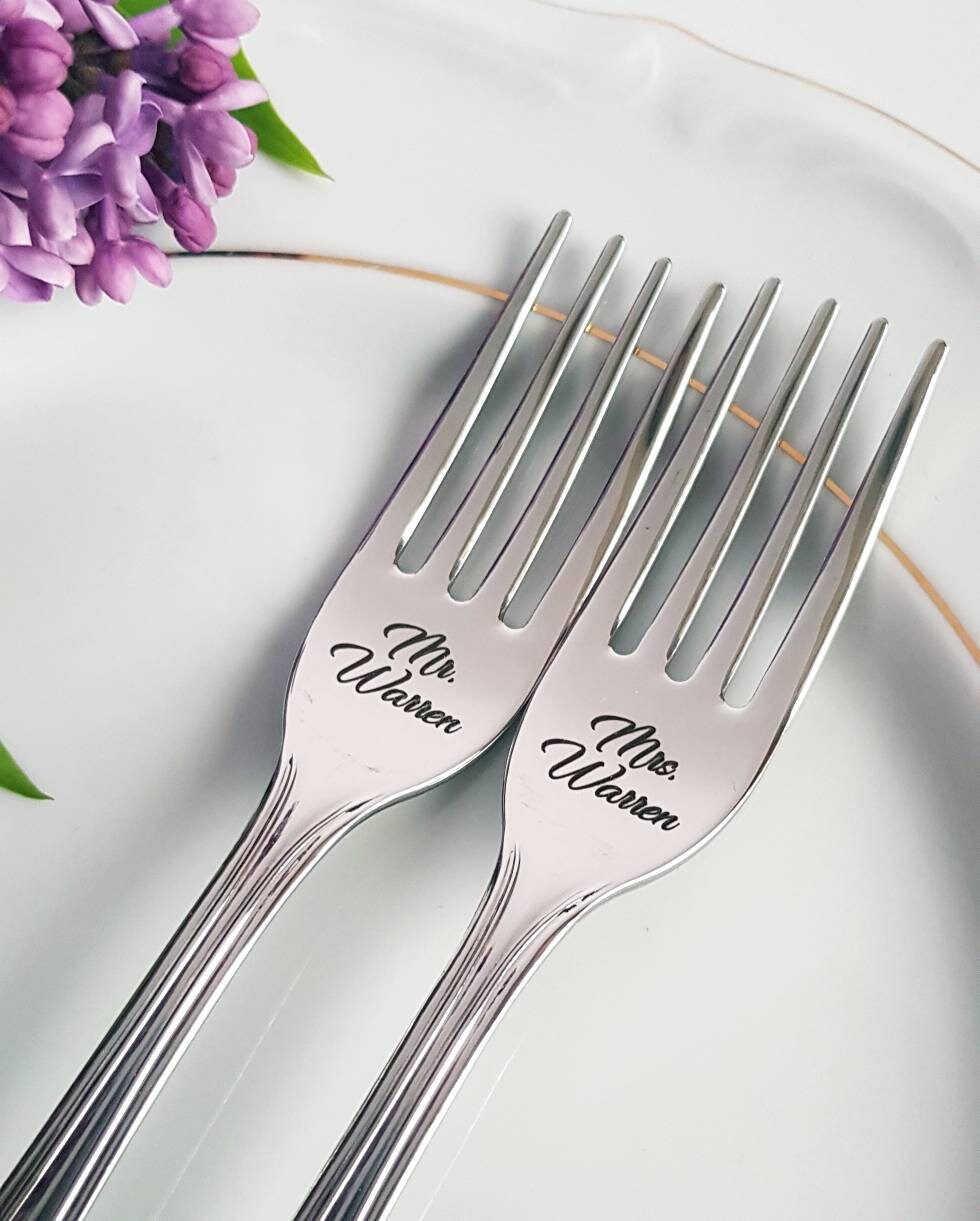 Engraved Wedding Forks: Personalized Mr & Mrs Keepsake, Italian Stainless Steel