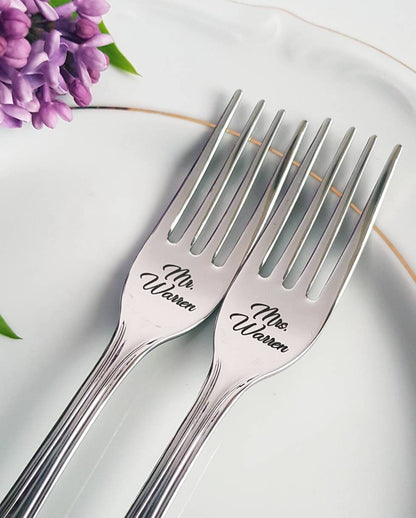 Engraved Wedding Forks: Personalized Mr & Mrs Keepsake, Italian Stainless Steel