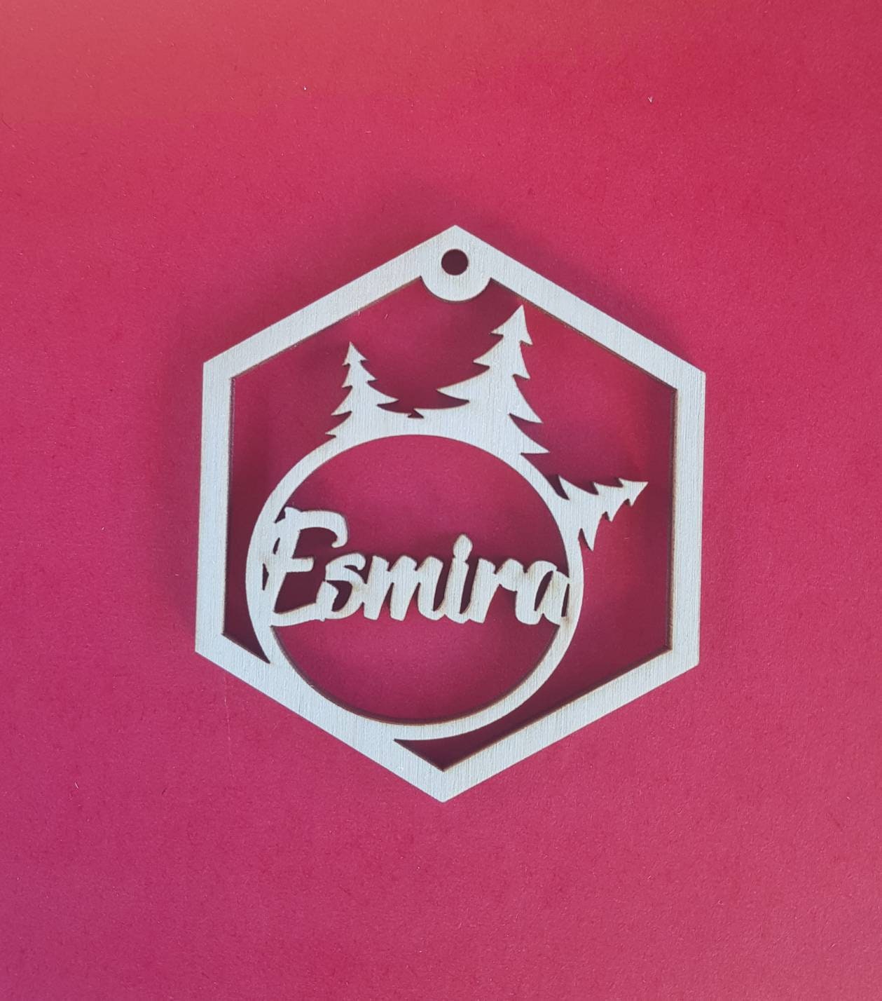 Personalized Wooden Christmas Ornament: Winter Forest Wedding Place Card